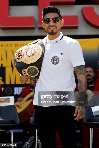 Abner Mares poses for a photograph prior to a press conference on April 10, 2018 in Los Angeles, California.