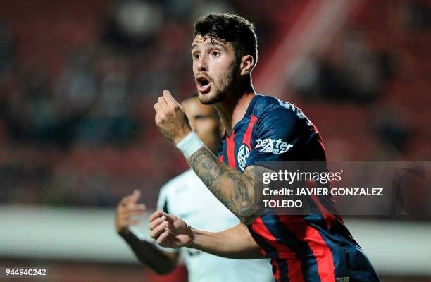 Argentina's San Lorenzo defender Marcos Senesi gestures during a Copa Sudamericana first stage first leg football match against Brazil's Atletico...