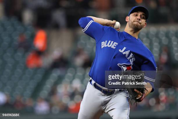 Starting pitcher Marco Estrada of the Toronto Blue Jays works the first inning against the Baltimore Orioles at Oriole Park at Camden Yards on April...