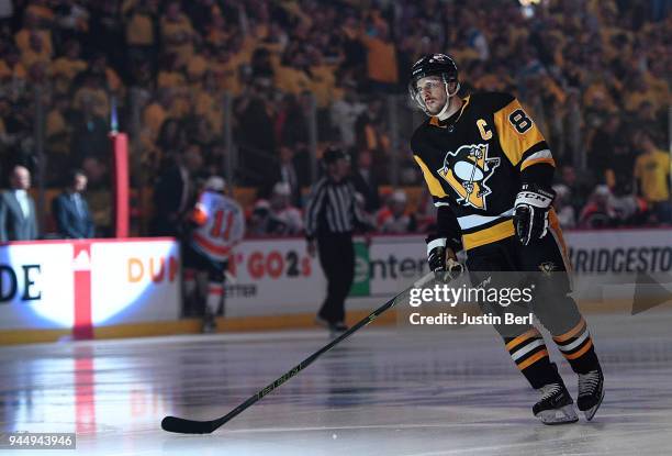 Sidney Crosby of the Pittsburgh Penguins takes the ice before the first period in Game One of the Eastern Conference First Round during the 2018 NHL...