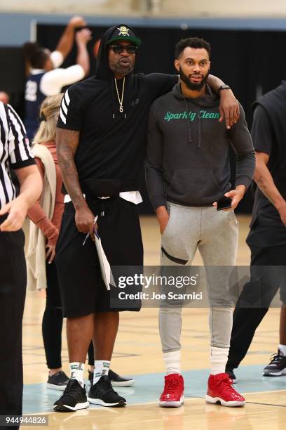 Stephen Jackson and Xavier Silas watch from the sidelines at the BIG3 2018 Player Combine at Santa Monica College on April 11, 2018 in Santa Monica,...