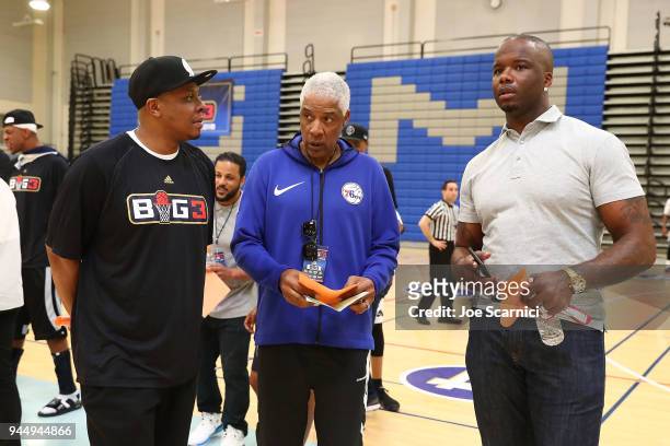 Jermaine O'Neal and Bonzi Wells watch from the sidelines at the BIG3 2018 Player Combine at Santa Monica College on April 11, 2018 in Santa Monica,...