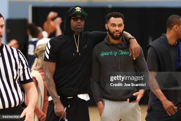 Stephen Jackson and Xavier Silas watch from the sidelines at the BIG3 2018 Player Combine at Santa Monica College on April 11, 2018 in Santa Monica,...
