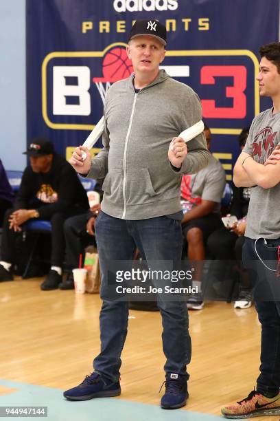 Michael Rapaport watches from the sideline at the BIG3 2018 Player Combine at Santa Monica College on April 11, 2018 in Santa Monica, California.
