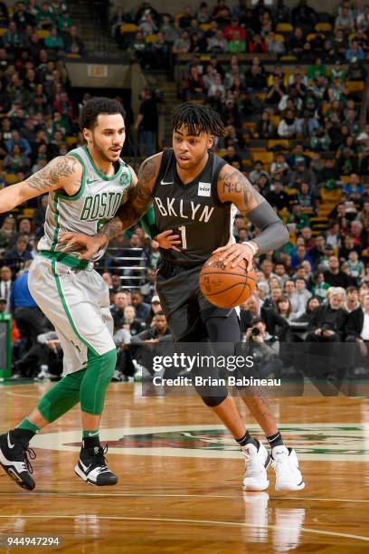 Angelo Russell of the Brooklyn Nets handles the ball against the Boston Celtics on April 11, 2018 at the TD Garden in Boston, Massachusetts. NOTE TO...