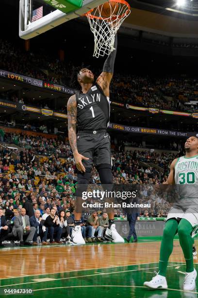 Angelo Russell of the Brooklyn Nets dunks the ball against the Boston Celtics on April 11, 2018 at the TD Garden in Boston, Massachusetts. NOTE TO...