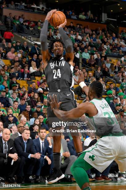 Rondae Hollis-Jefferson of the Brooklyn Nets shoots the ball against the Boston Celtics on April 11, 2018 at the TD Garden in Boston, Massachusetts....