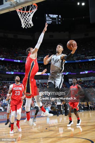 Danny Green of the San Antonio Spurs goes for a lay up against the New Orleans Pelicans on April 11, 2018 at Smoothie King Center in New Orleans,...