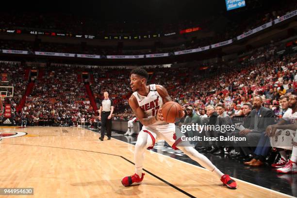 Rodney McGruder of the Miami Heat handles the ball against the Toronto Raptors on April 11, 2018 at American Airlines Arena in Miami, Florida. NOTE...