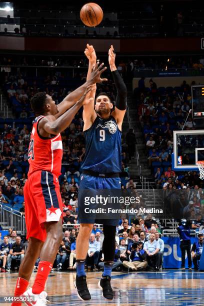 Nikola Vucevic of the Orlando Magic shoots the ball against the Washington Wizards on April 11 2018 at Amway Center in Orlando, Florida. NOTE TO...