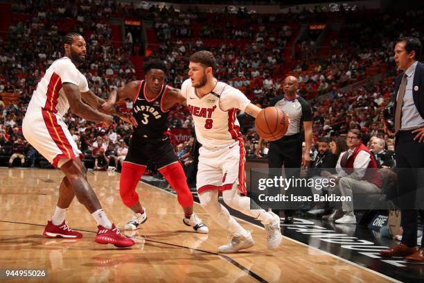 Tyler Johnson of the Miami Heat handles the ball against the Toronto Raptors on April 11, 2018 at American Airlines Arena in Miami, Florida. NOTE TO...