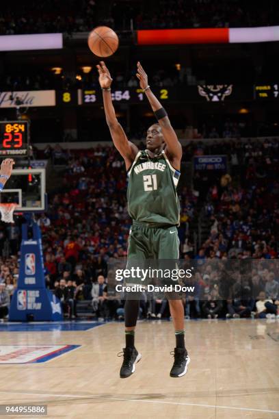 Tony Snell of the Milwaukee Bucks shoots the ball during the game against the Philadelphia 76ers on April 11, 2018 in Philadelphia, Pennsylvania NOTE...