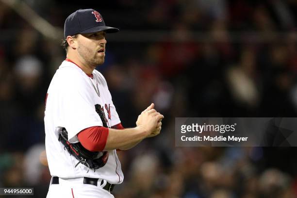 Heath Hembree of the Boston Red Sox looks on during the fourth inning against the New York Yankees at Fenway Park on April 11, 2018 in Boston,...