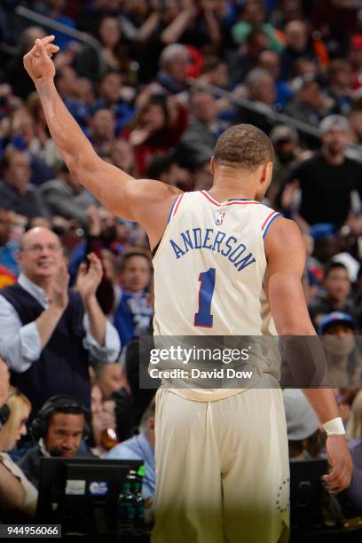 Justin Anderson of the Philadelphia 76ers reacts during the game against the Milwaukee Bucks on April 11, 2018 in Philadelphia, Pennsylvania NOTE TO...