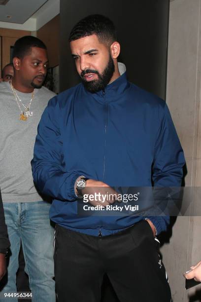 Drake seen leaving Nobu Berkeley restaurant in Mayfair on April 11, 2018 in London, England.