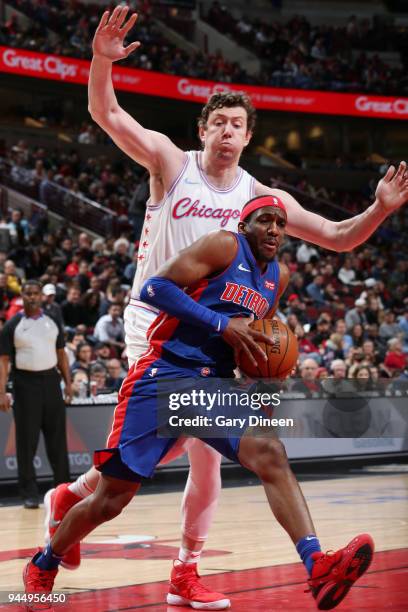 Langston Galloway of the Detroit Pistons handles the ball against the Chicago Bulls on April 11, 2018 at the United Center in Chicago, Illinois. NOTE...