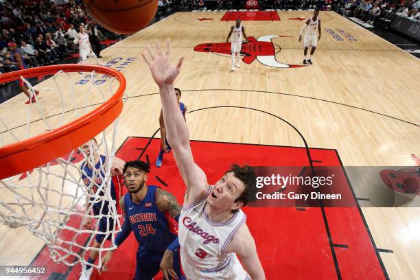 Omer Asik of the Chicago Bulls goes to the basket against the Detroit Pistons on April 11, 2018 at the United Center in Chicago, Illinois. NOTE TO...