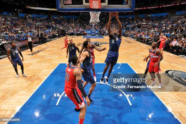 Bismack Biyombo of the Orlando Magic goes to the basket against the Washington Wizards on April 11 2018 at Amway Center in Orlando, Florida. NOTE TO...