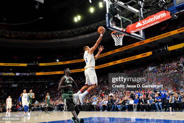 Justin Anderson of the Philadelphia 76ers shoots the ball during the game against the Milwaukee Bucks on April 11, 2018 in Philadelphia, Pennsylvania...