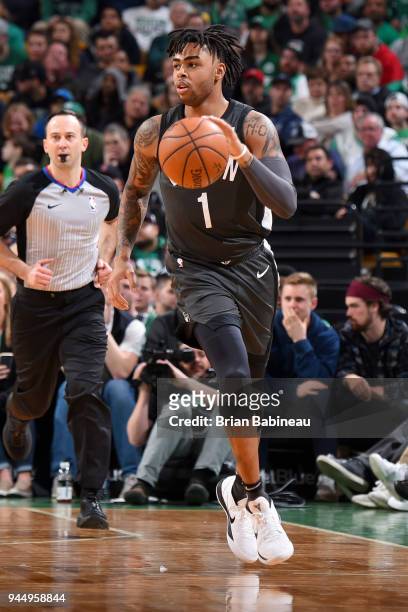 Angelo Russell of the Brooklyn Nets handles the ball against the Boston Celtics on April 11, 2018 at the TD Garden in Boston, Massachusetts. NOTE TO...