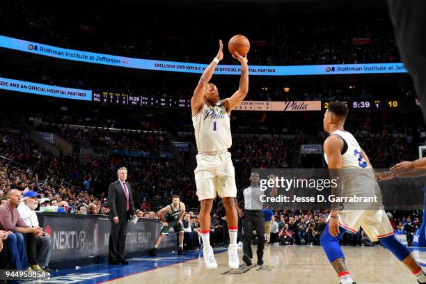 Justin Anderson of the Philadelphia 76ers shoots the ball during the game against the Milwaukee Bucks on April 11, 2018 in Philadelphia, Pennsylvania...