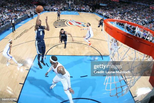 MarShon Brooks of the Memphis Grizzlies shoots the ball during the game against the Oklahoma City Thunder on April 11, 2018 at Chesapeake Energy...