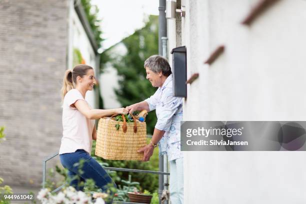 young caregiver delivers groceries to senior woman