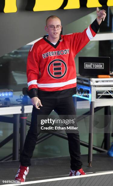 Recording artist Logic performs to celebrate the NHL Stanley Cup playoffs opening night ahead of Game One of the Western Conference First Round...