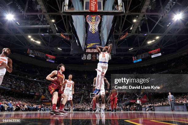 Frank Ntilikina of the New York Knicks goes to the basket against the Cleveland Cavaliers on April 11, 2018 at Quicken Loans Arena in Cleveland,...