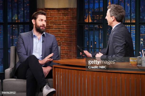 Episode 672 -- Pictured: Actor John Krasinski during an interview with host Seth Meyers on April 11, 2018 --