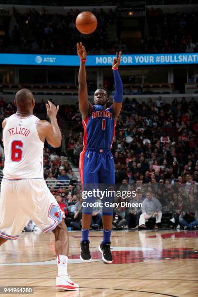 Reggie Jackson of the Detroit Pistons shoots the ball against the Chicago Bulls on April 11, 2018 at the United Center in Chicago, Illinois. NOTE TO...