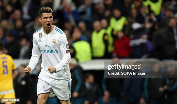 Cristiano Ronaldo celebrates the semifinal pass after the UEFA Champions league round of quarter final match second leg football match between Real...