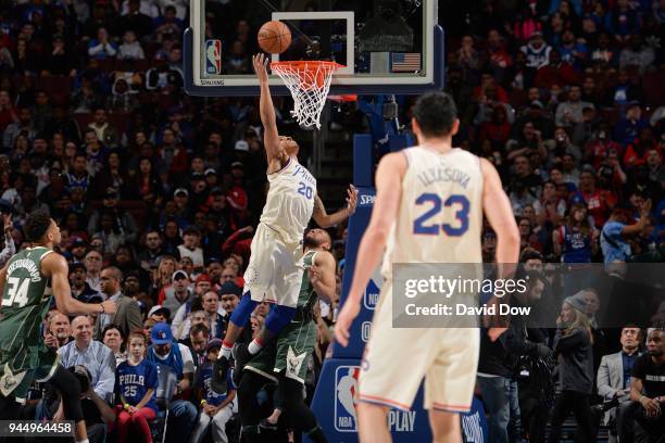 Markelle Fultz of the Philadelphia 76ers shoots the ball during the game against the Philadelphia 76ers on April 11, 2018 in Philadelphia,...