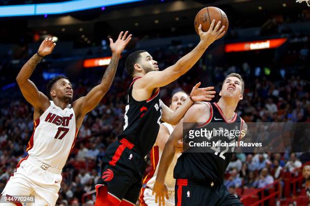 Fred VanVleet of the Toronto Raptors shoots a layup against the Miami Heat during the first half at American Airlines Arena on April 11, 2018 in...