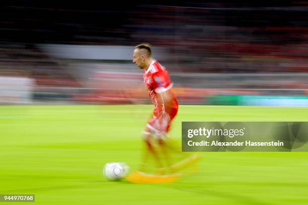 Franck Ribery of Bayern Muenchen runs with the ball during the UEFA Champions League Quarter Final Second Leg match between Bayern Muenchen and...