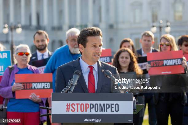 Sen. Brian Schatz speaks at a rally with MoveOn members and allies gather with leading senators to demand that the Senate vote to reject Mike...