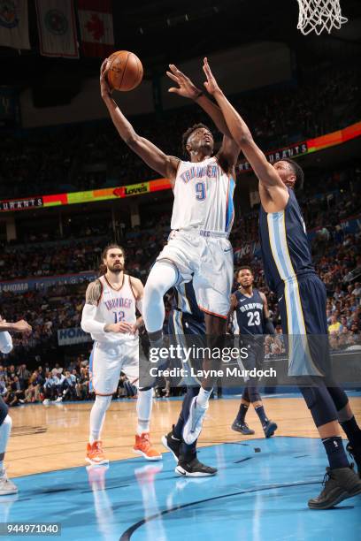 Jerami Grant of the Oklahoma City Thunder drives to the basket during the game against the Memphis Grizzlies on April 11, 2018 at Chesapeake Energy...