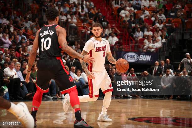 Tyler Johnson of the Miami Heat handles the ball against the Toronto Raptors on April 11, 2018 at American Airlines Arena in Miami, Florida. NOTE TO...