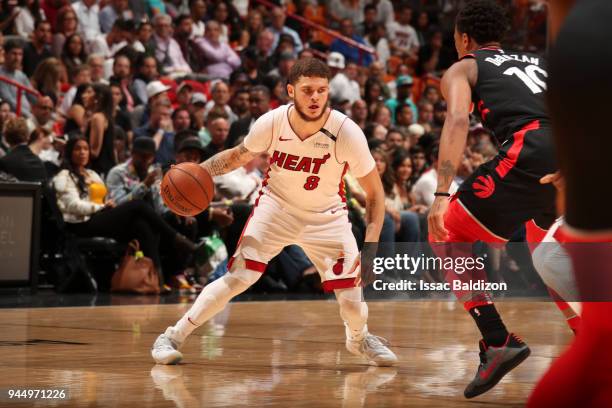 Tyler Johnson of the Miami Heat handles the ball against the Toronto Raptors on April 11, 2018 at American Airlines Arena in Miami, Florida. NOTE TO...