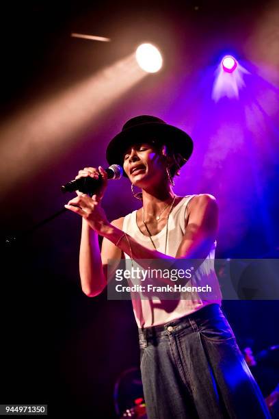 German singer Joy Olasunmibo Ogunmakin aka Ayo performs live on stage during a concert at the Columbia Theater on April 11, 2018 in Berlin, Germany.