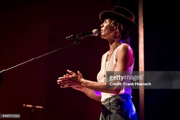 German singer Joy Olasunmibo Ogunmakin aka Ayo performs live on stage during a concert at the Columbia Theater on April 11, 2018 in Berlin, Germany.