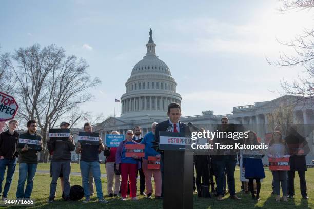 Sen. Brian Schatz speaks at a rally with MoveOn members and allies gather with leading senators to demand that the Senate vote to reject Mike...