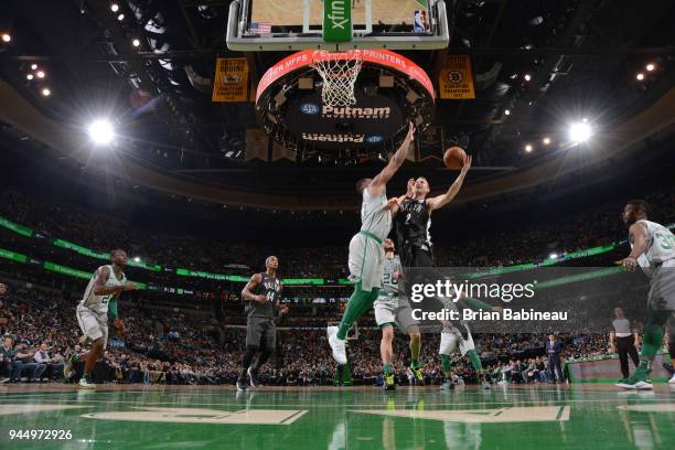 Nik Stauskas of the Brooklyn Nets' goes to the basket against the Boston Celtics on April 11, 2018 at the TD Garden in Boston, Massachusetts. NOTE TO...