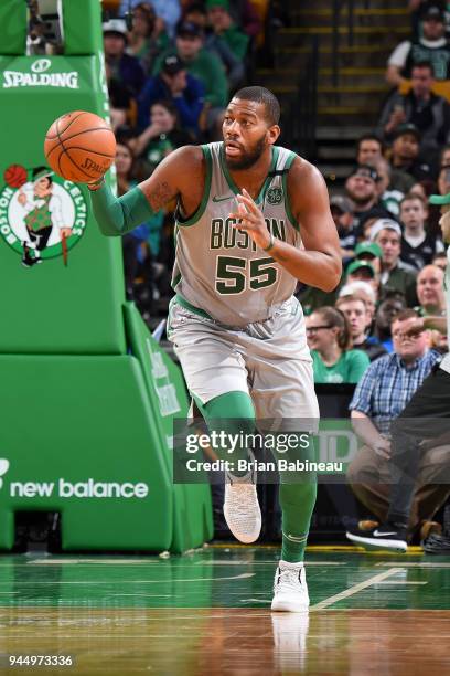 Greg Monroe of the Boston Celtics handles the ball against the Brooklyn Nets on April 11, 2018 at the TD Garden in Boston, Massachusetts. NOTE TO...