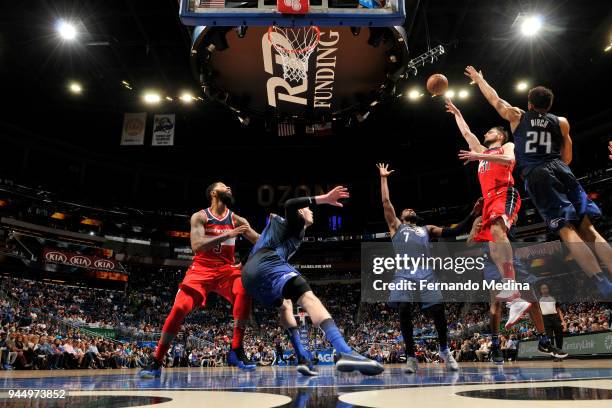 Tomas Satoransky of the Washington Wizards shoots the ball against the Orlando Magic on April 11 2018 at Amway Center in Orlando, Florida. NOTE TO...