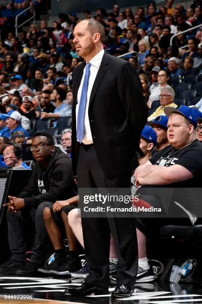 Head Coach Frank Vogel of the Orlando Magic looks on during the game against the Washington Wizards on April 11 2018 at Amway Center in Orlando,...