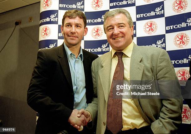 Terry Venables is announced as coach at a Middlesbrough FC press conference with Bryan Robson at the Riverside Stadium in Middlesbrough, England. \...