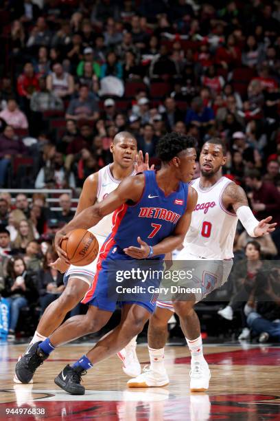 Stanley Johnson of the Detroit Pistons handles the ball against the Chicago Bulls on April 11, 2018 at the United Center in Chicago, Illinois. NOTE...