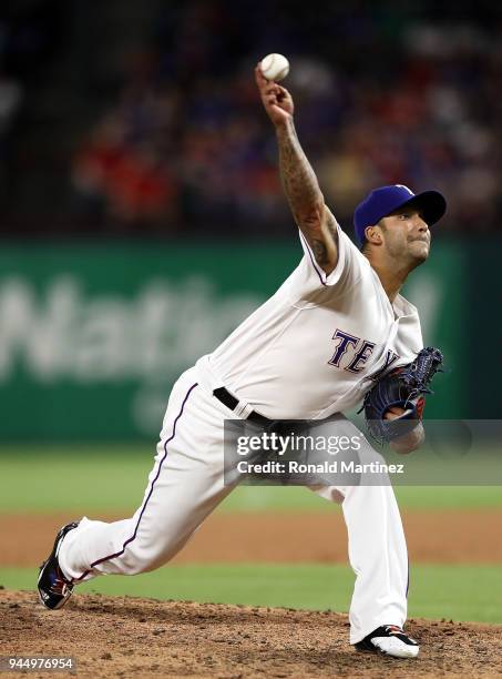 Matt Bush of the Texas Rangers throws against the Los Angeles Angels in the sixth inning at Globe Life Park in Arlington on April 11, 2018 in...