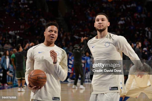 Markelle Fultz and Ben Simmons of the Philadelphia 76ers look on during halftime of the game against the Milwaukee Bucks on April 11, 2018 in...